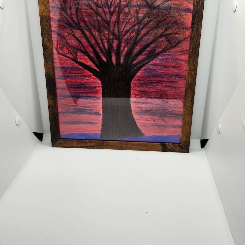 Hand Crafted Sunset Winter Tree Colored Pencil Drawing Framed 9x11"